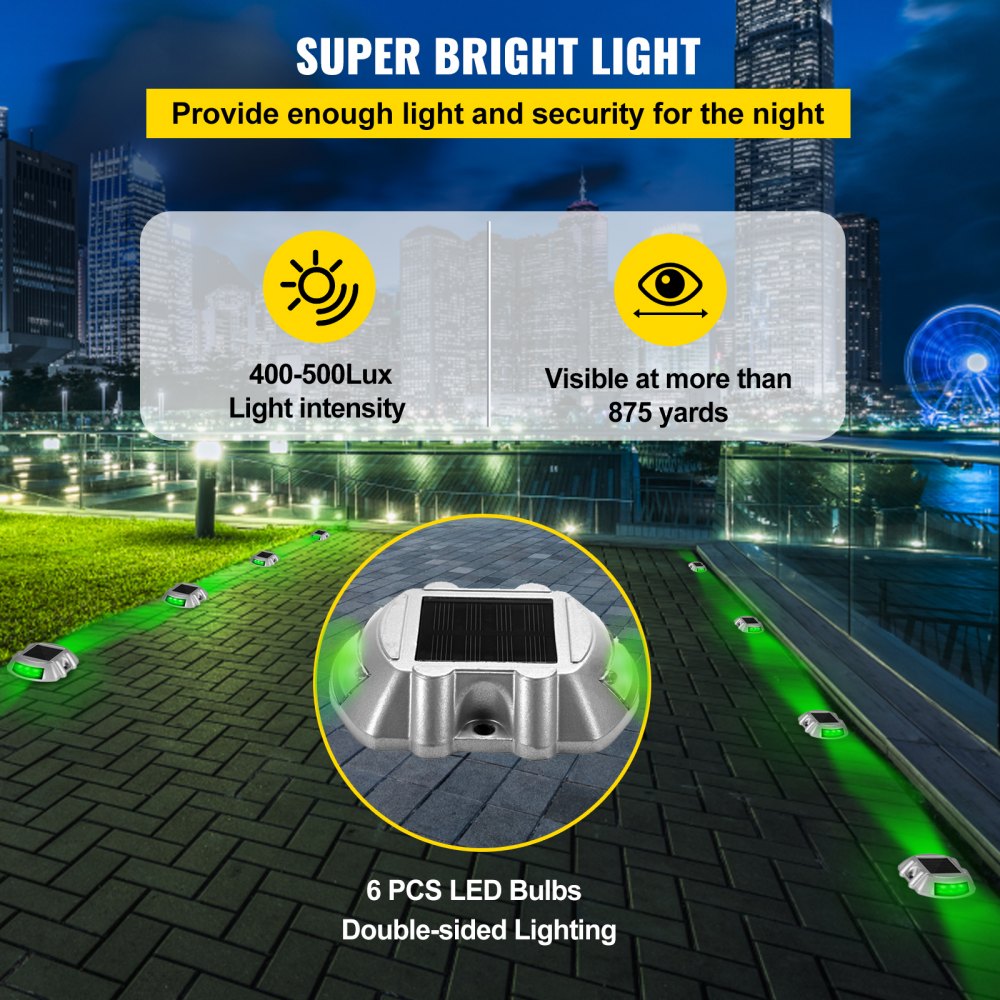 Vevor Driveway Lights, 8-Pack Solar Driveway Lights with Switch Button, Solar Deck Lights Waterproof, Wireless Dock Lights 6 LEDs for Path Warning Garden Walkway Sidewalk Steps, LED Bright Green