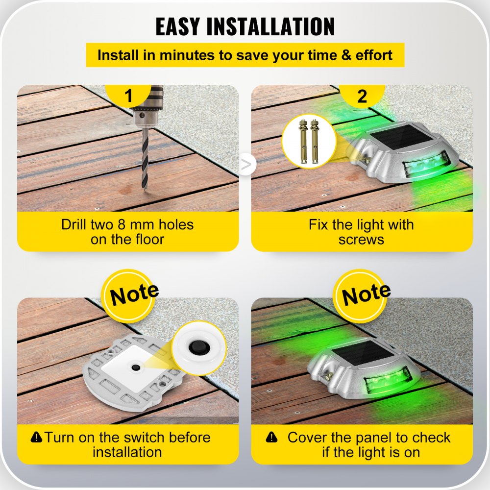 Vevor Driveway Lights, 8-Pack Solar Driveway Lights with Switch Button, Solar Deck Lights Waterproof, Wireless Dock Lights 6 LEDs for Path Warning Garden Walkway Sidewalk Steps, LED Bright Green