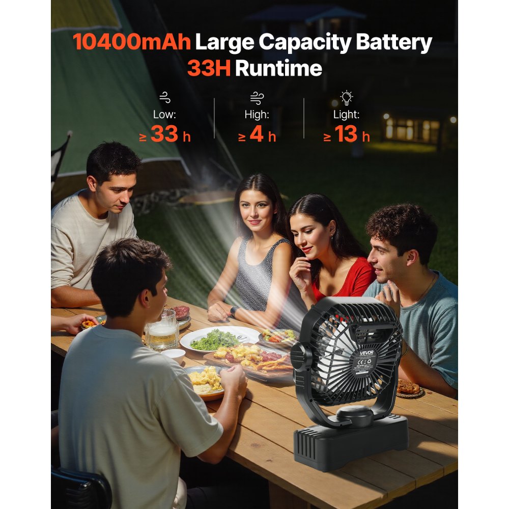VEVOR 10400mAh Solar fan, Camping Fan with Solar Panel & LED Lantern, 7W 8 Inch Portable Rechargeable Battery Powered for Outside, 4-Speed and Quiet Operated for Picnic, Barbecue, Fishing, Travel
