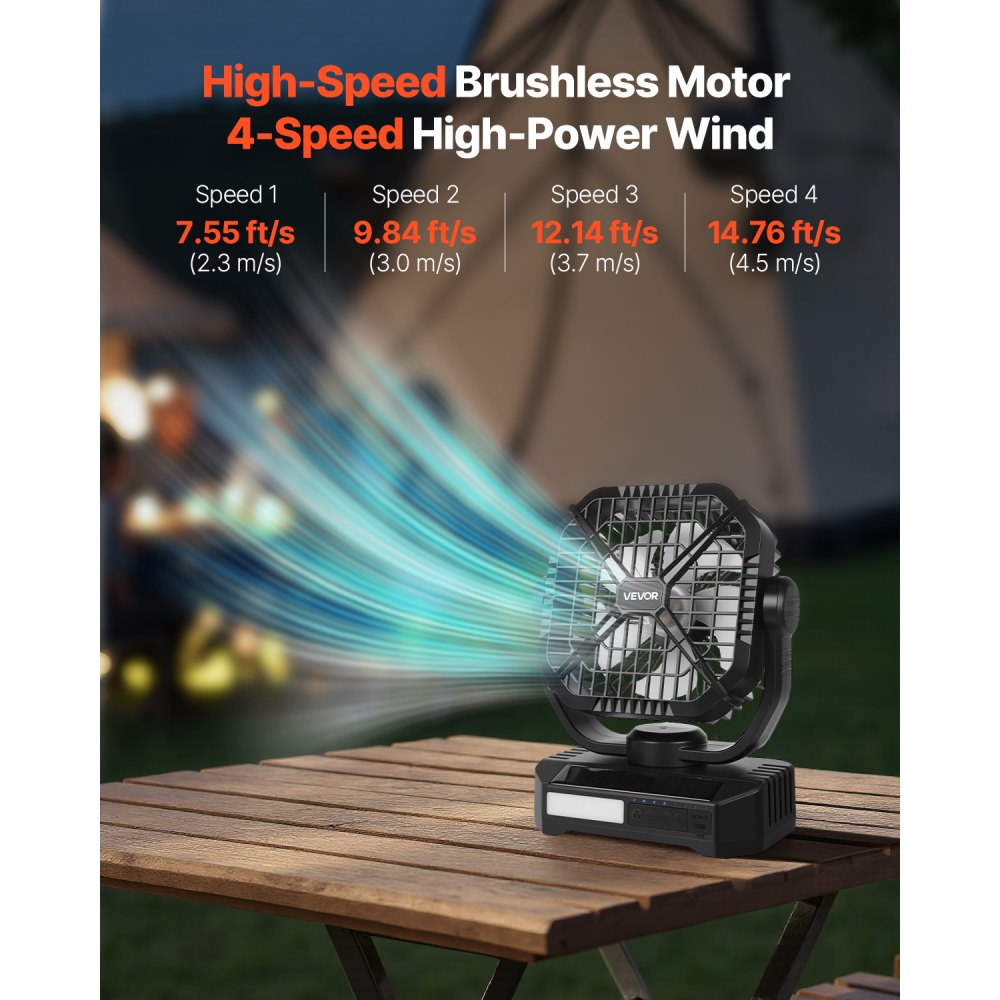 VEVOR 10400mAh Solar fan, Camping Fan with Solar Panel & LED Lantern, 7W 8 Inch Portable Rechargeable Battery Powered for Outside, 4-Speed and Quiet Operated for Picnic, Barbecue, Fishing, Travel
