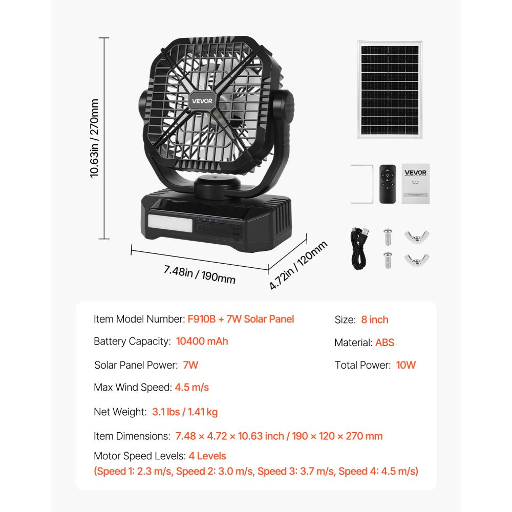 VEVOR 10400mAh Solar fan, Camping Fan with Solar Panel & LED Lantern, 7W 8 Inch Portable Rechargeable Battery Powered for Outside, 4-Speed and Quiet Operated for Picnic, Barbecue, Fishing, Travel