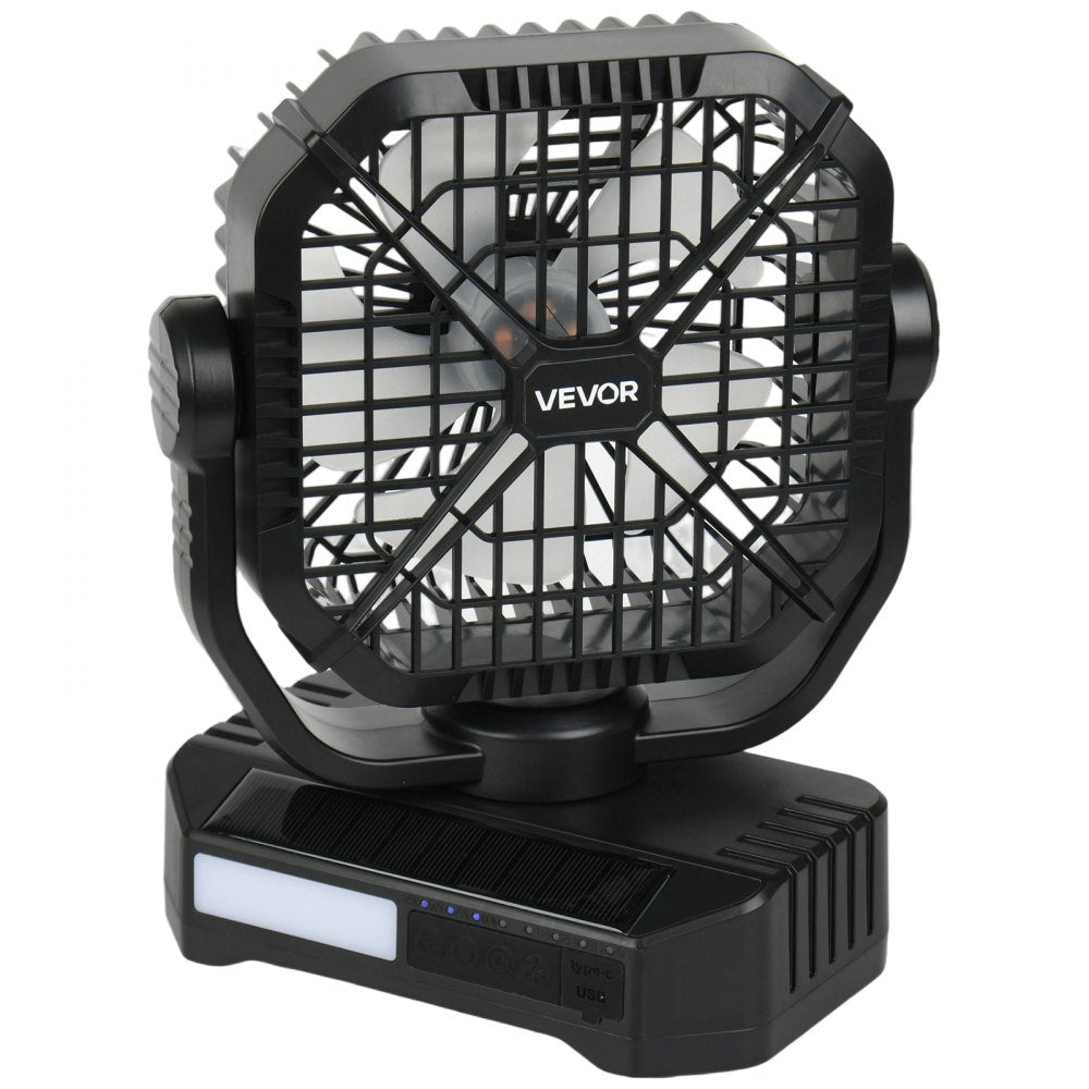 VEVOR 10400mAh Solar fan, Camping Fan with Solar Panel & LED Lantern, 7W 8 Inch Portable Rechargeable Battery Powered for Outside, 4-Speed and Quiet Operated for Picnic, Barbecue, Fishing, Travel