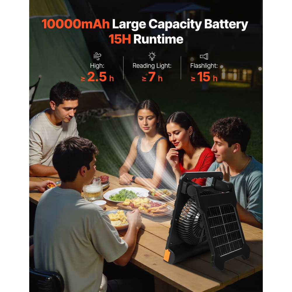 VEVOR 10000mAh Rechargeable Solar Fan with LED Lantern, 7 inch Portable Fan Cordless with 4W Foldable Solar Panel, 4-Speed& Timer& Quiet,USB Battery Powered for Camping Tent Worksite Office Desk