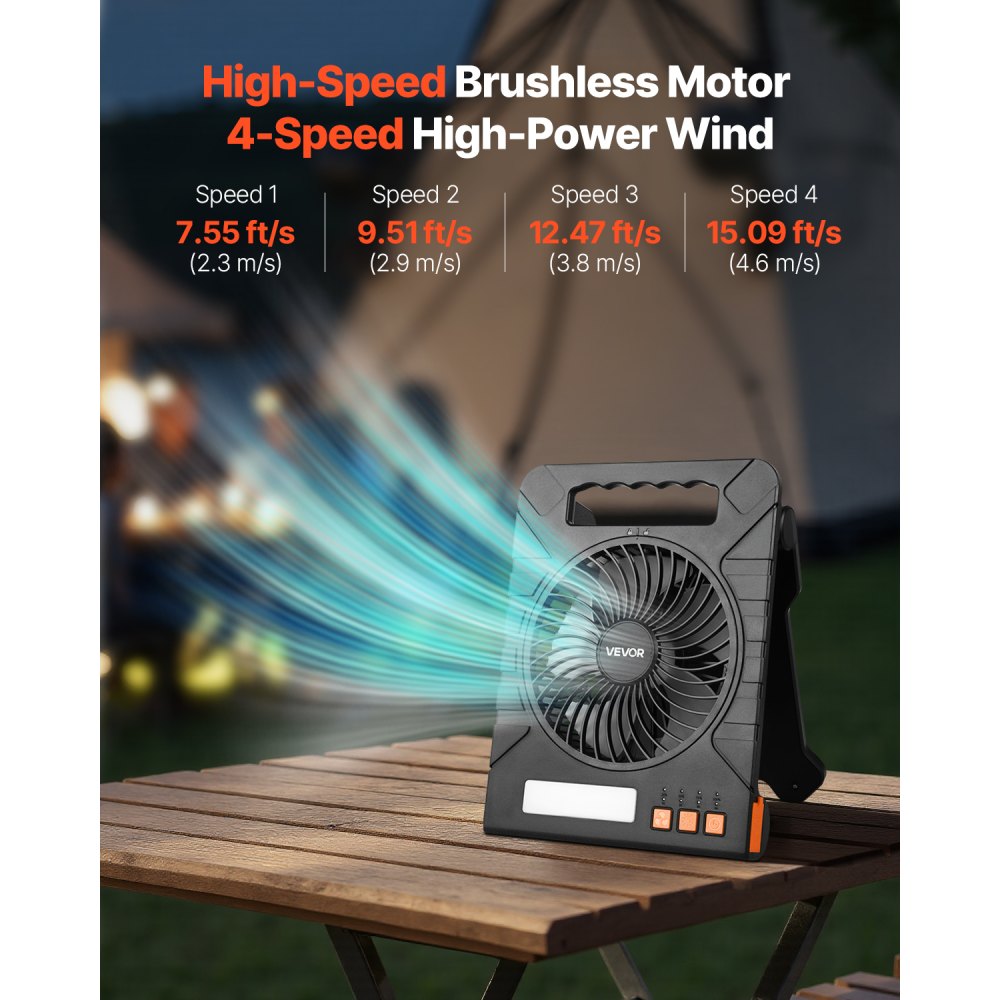 VEVOR 10000mAh Rechargeable Solar Fan with LED Lantern, 7 inch Portable Fan Cordless with 4W Foldable Solar Panel, 4-Speed& Timer& Quiet,USB Battery Powered for Camping Tent Worksite Office Desk