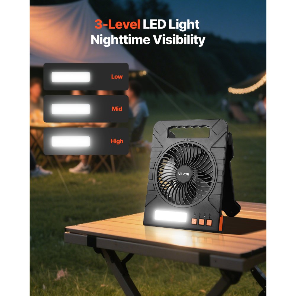 VEVOR 10000mAh Rechargeable Solar Fan with LED Lantern, 7 inch Portable Fan Cordless with 4W Foldable Solar Panel, 4-Speed& Timer& Quiet,USB Battery Powered for Camping Tent Worksite Office Desk