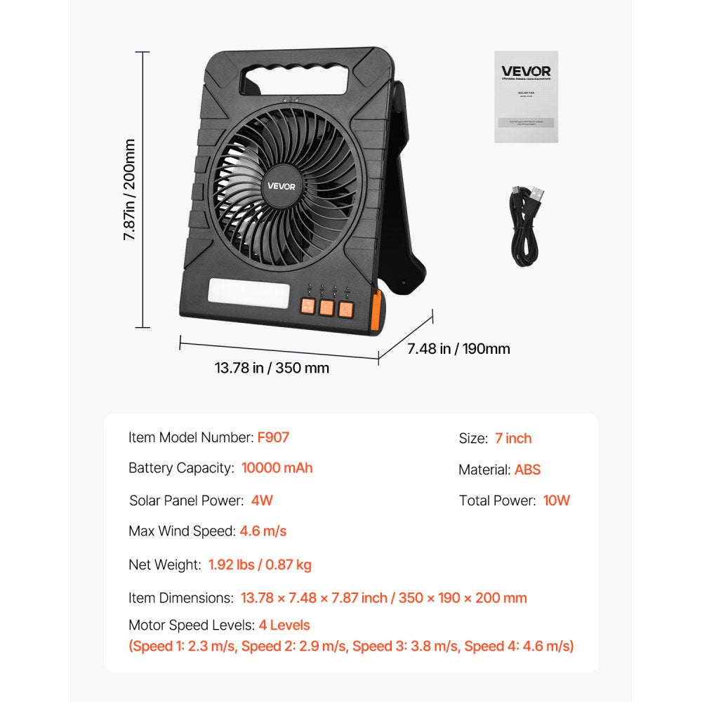 VEVOR 10000mAh Rechargeable Solar Fan with LED Lantern, 7 inch Portable Fan Cordless with 4W Foldable Solar Panel, 4-Speed& Timer& Quiet,USB Battery Powered for Camping Tent Worksite Office Desk