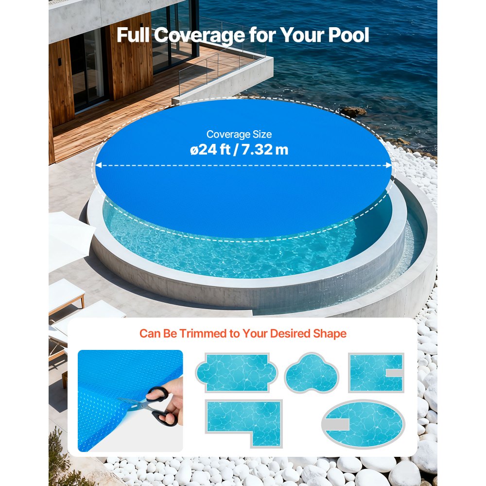 VEVOR Solar Pool Cover, 24 ft Round Pool Bubble Cover, 8 Mil Pools Solar Blanket with Bubble & PE Material, Daytime Heat Absorption, Nighttime Heat Retention, Heat Retaining Solars Covers, Blue