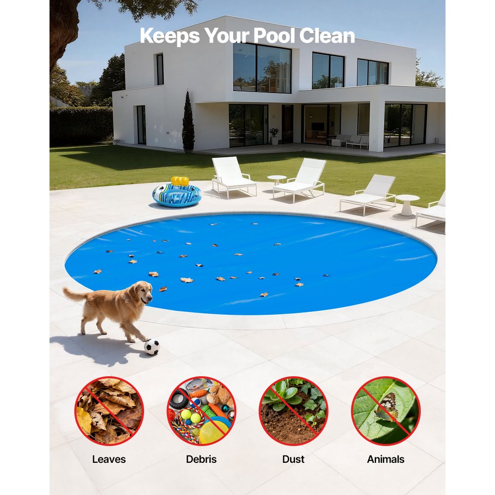 VEVOR Solar Pool Cover, 24 ft Round Pool Bubble Cover, 8 Mil Pools Solar Blanket with Bubble & PE Material, Daytime Heat Absorption, Nighttime Heat Retention, Heat Retaining Solars Covers, Blue