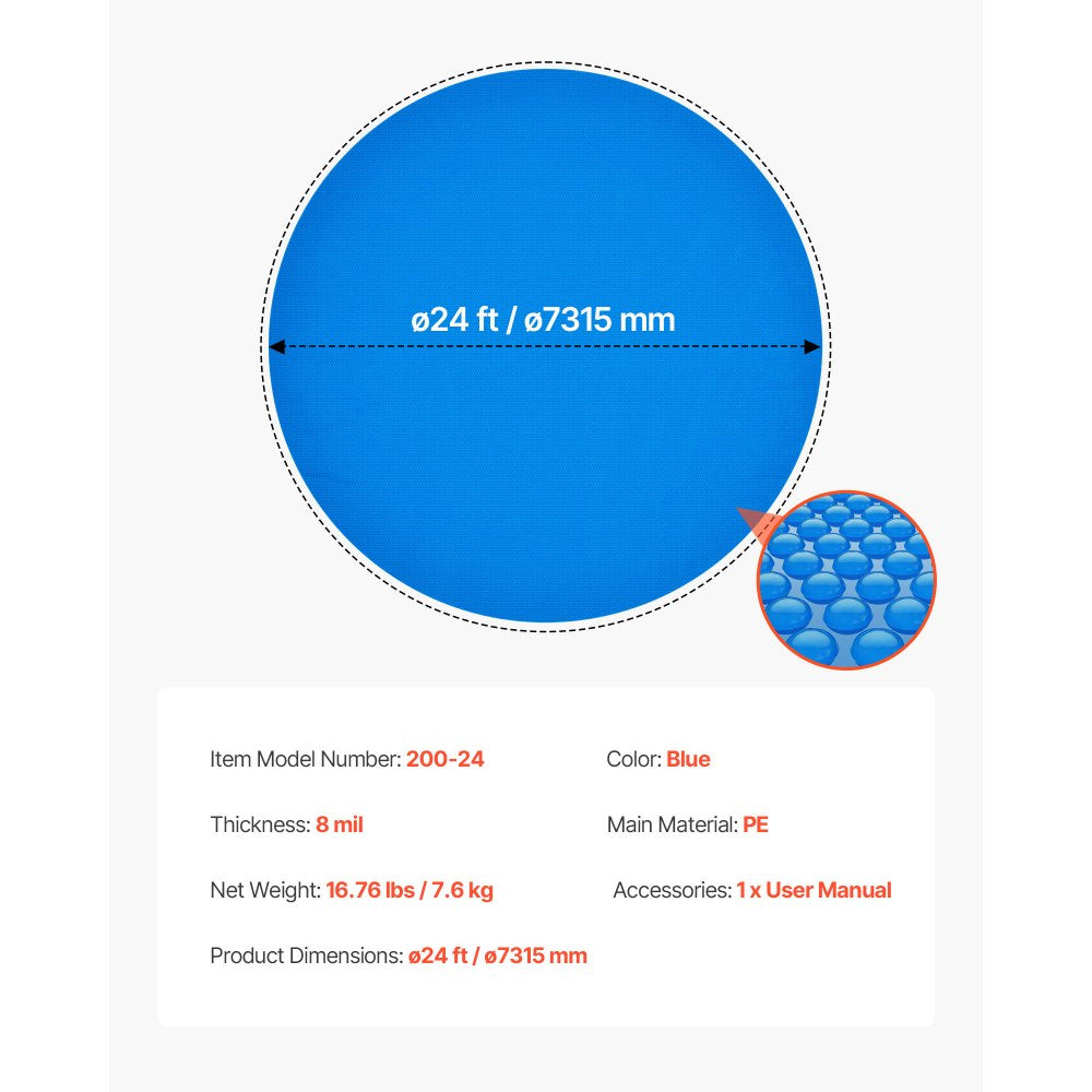 VEVOR Solar Pool Cover, 24 ft Round Pool Bubble Cover, 8 Mil Pools Solar Blanket with Bubble & PE Material, Daytime Heat Absorption, Nighttime Heat Retention, Heat Retaining Solars Covers, Blue