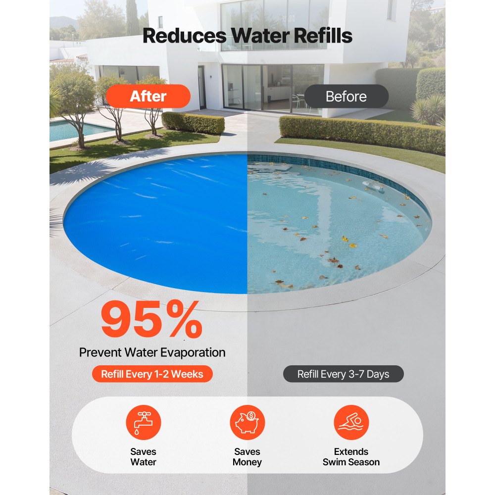 VEVOR Solar Pool Cover, 24 ft Round Pool Bubble Cover, 16 Mil Pools Solar Blanket with Bubble & PE Material, Daytime Heat Absorption, Nighttime Heat Retention, Heat Retaining Solars Covers, Blue