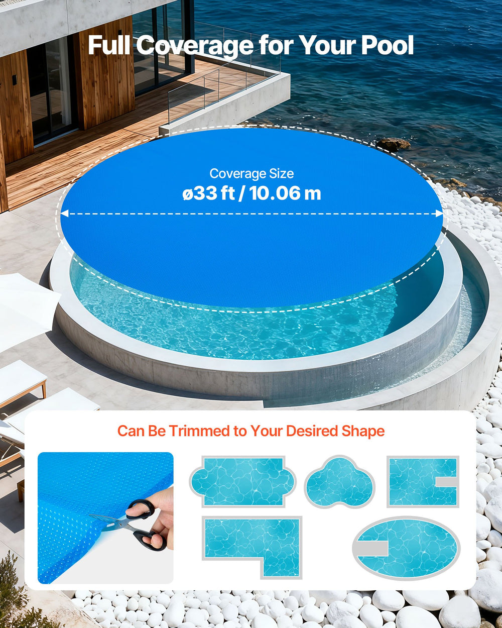 VEVOR Solar Pool Cover, 33 ft Round Pool Bubble Cover, 8 Mil Pools Solar Blanket with Bubble & PE Material, Daytime Heat Absorption, Nighttime Heat Retention, Heat Retaining Solars Covers, Blue