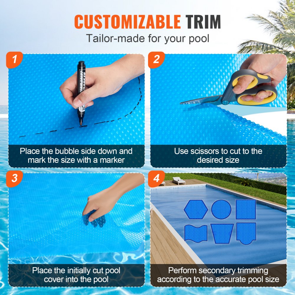 VEVOR Solar Pool Cover, 24 x 12 ft Rectangle Solar Blanket for Pools, Inground Above Ground Swimming Pool Solar Cover, 8 mil Solar Covers Blue