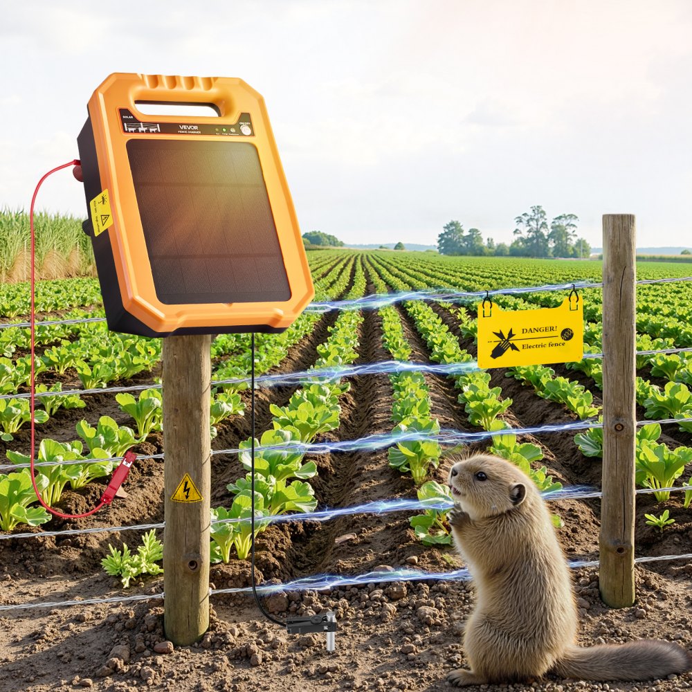 VEVOR Solar Fence Charger,  0.3J 8 kV Solar Powered Fence Charger, 1.86 Miles Range, Weather-Resistant Electric Fence Energizer Kit, 7 Days Runtime, for Livestock, Poultry, Garden Protection