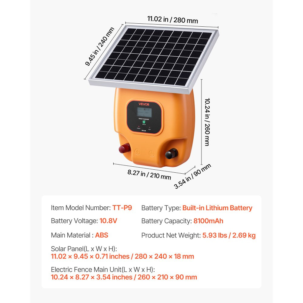 VEVOR Solar Fence Charger,  0.6J 8kV Solar Powered Fence Charger, 1.86 Miles Range, Electric Fence Energizer Kit, Keep Out Predators, 4-5 Days Runtime, for Livestock, Poultry, Garden Protection