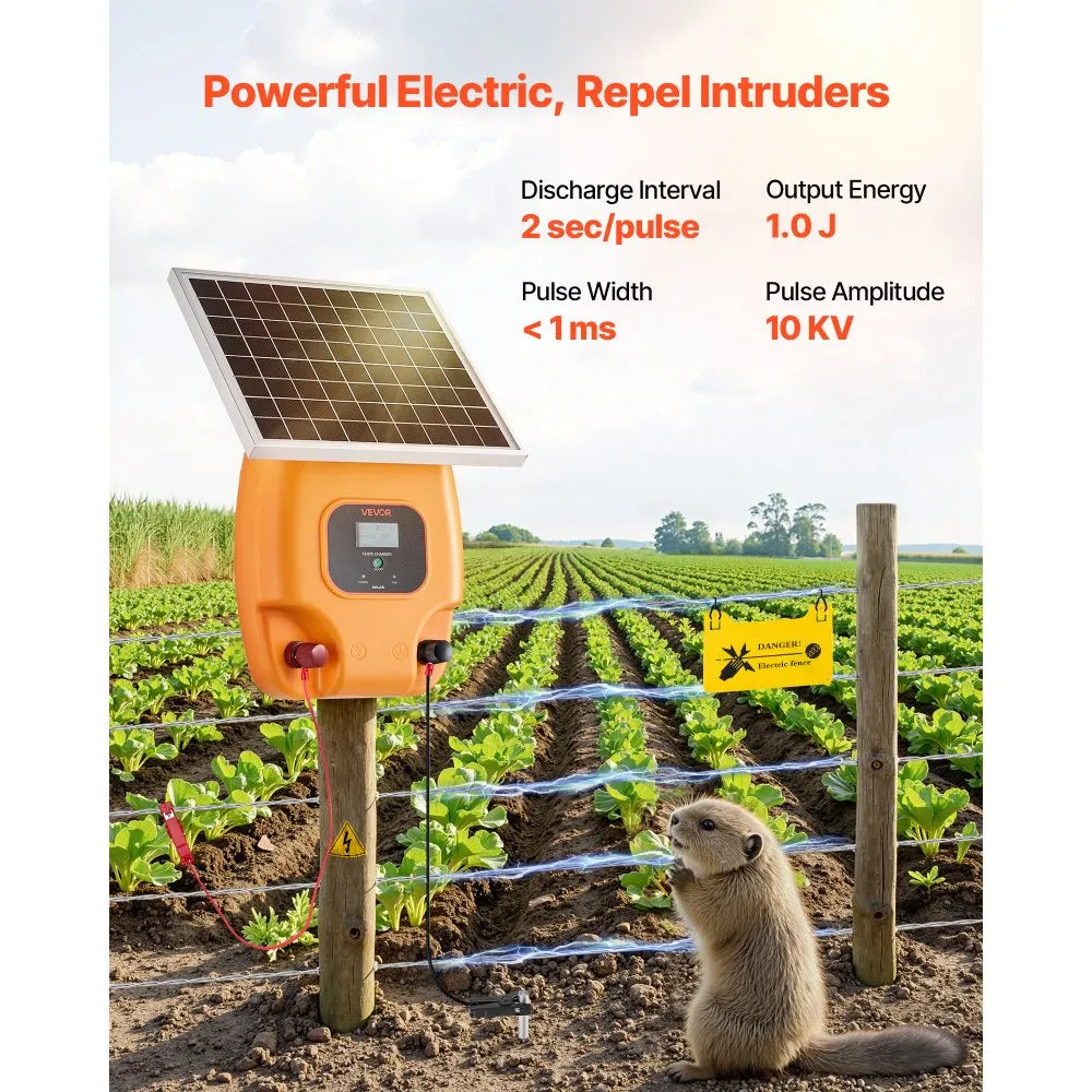 VEVOR Solar Fence Charger, 1J 10kV Solar Powered Fence Charger, 1.86 Miles Range, Electric Fence Energizer Kit, Keep Out Predators, 3 Days Runtime, for Livestock, Poultry, Garden Protection