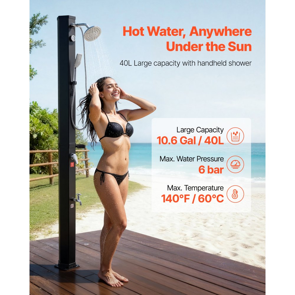 VEVOR 10.6 Gal Solar Heated Shower, 6.7ft Showerhead Height Outdoor Shower, with Handheld & Foot Faucet, Hot & Cold Water Adjustment, Freestanding for Backyard Poolside Beach Pool, Black