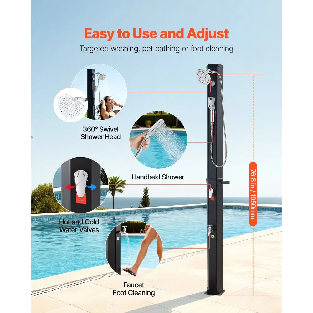 VEVOR 10.6 Gal Solar Heated Shower, 6.7ft Showerhead Height Outdoor Shower, with Handheld & Foot Faucet, Hot & Cold Water Adjustment, Freestanding for Backyard Poolside Beach Pool, Black