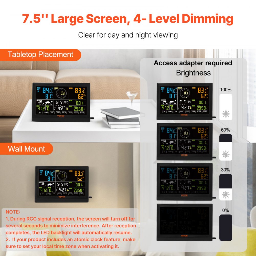 VEVOR 7-in-1 Wireless Weather Station, 7.5 in Color Display, Digital Weather Station Indoor Outdoor, for Temperature Humidity Wind Speed/Direction Rain UV, with Forecast Data, Alarm, Alerts-NO WIFI