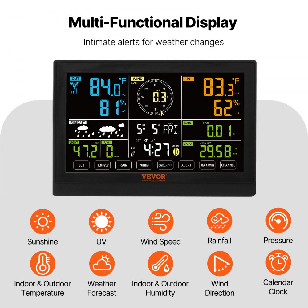 VEVOR 7-in-1 Wireless Weather Station, 7.5 in Color Display, Digital Weather Station Indoor Outdoor, for Temperature Humidity Wind Speed/Direction Rain UV, with Forecast Data, Alarm, Alerts-NO WIFI