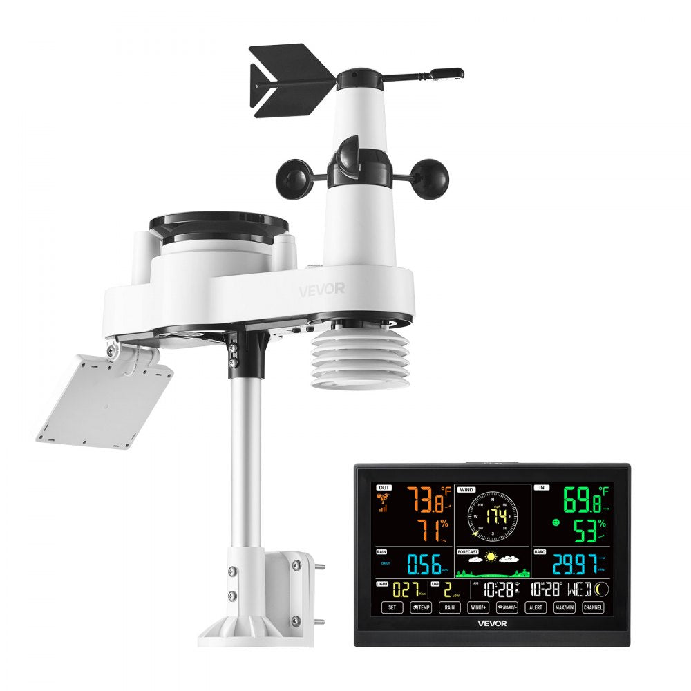 VEVOR 7-in-1 Wi-Fi Weather Station with APP, 7.5-Inch VA Display, Wireless Solar Powered Outdoor Sensor, Rain Gauge, Indoor Outdoor for Weather Forecast, Wind Speed, Temperature, Humidity, Rainfall
