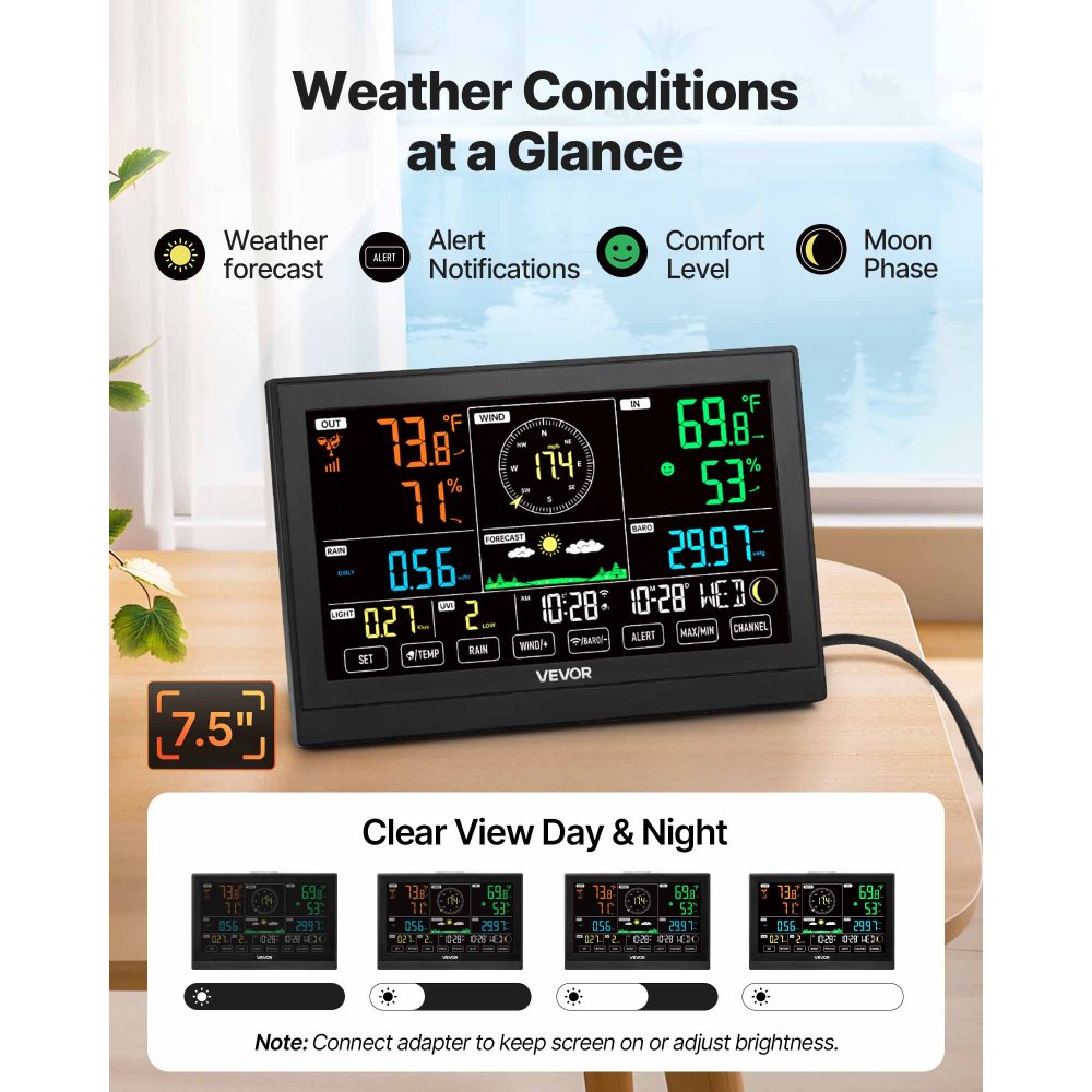 VEVOR 7-in-1 Wi-Fi Weather Station with APP, 7.5 in Display, Wireless Solar Powered Outdoor Sensor, with Pool Thermometer, Rain Gauge, Indoor Outdoor for Weather Forecast, Wind Speed, Pool Temperature