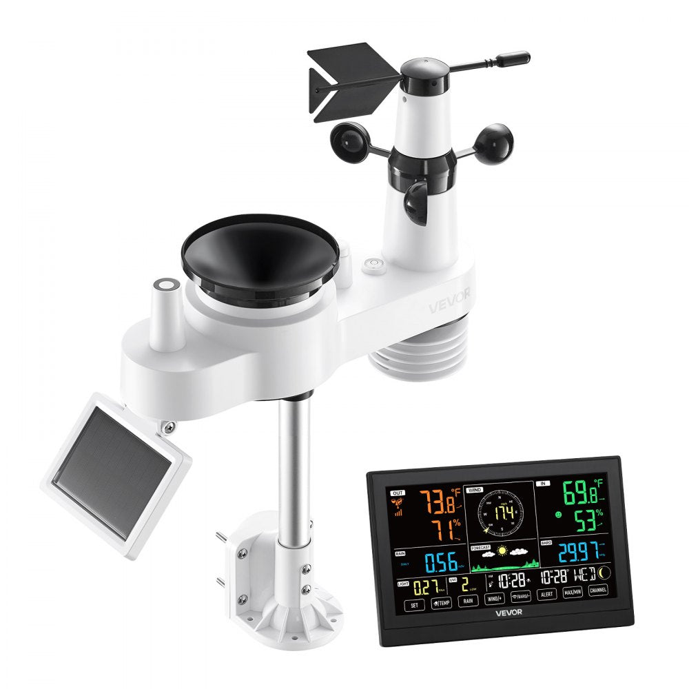 VEVOR 7-in-1 Wireless Weather Station, 7.5-Inch VA Display, Solar Powered Outdoor Sensor, Rain Gauge, Indoor Outdoor for Weather Forecast, Temperature, Humidity, Wind Speed and Direction (No WiFi)