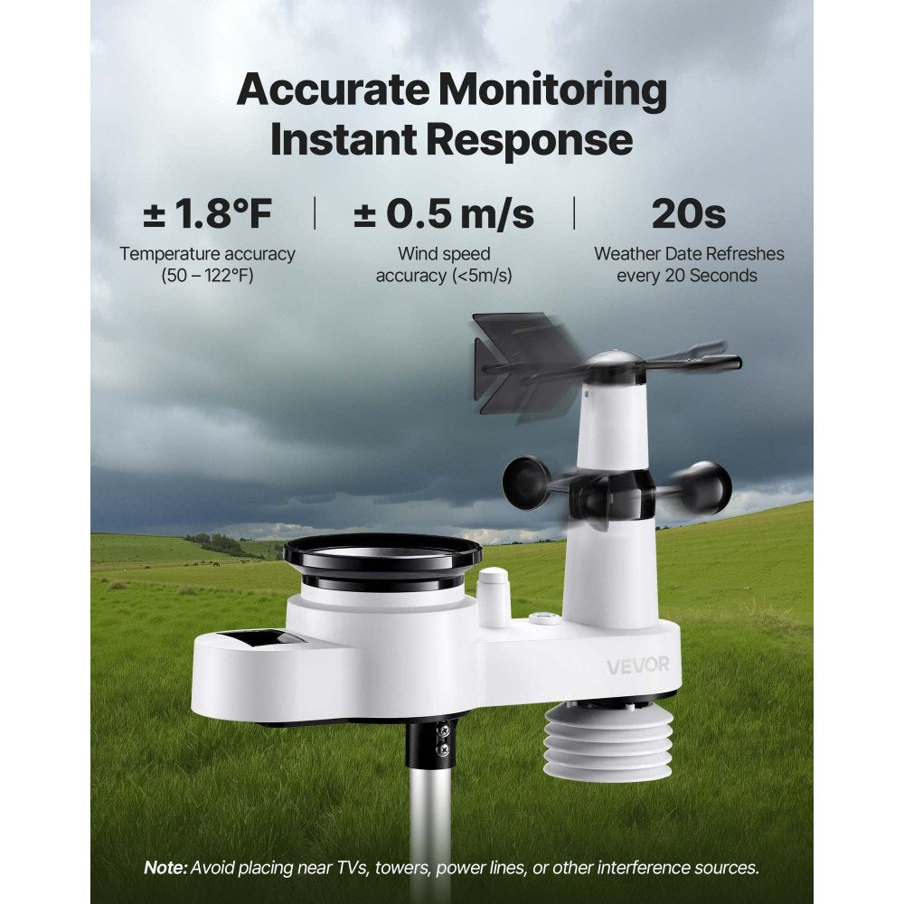 VEVOR 5-in-1 Wireless Weather Station, 7.5-Inch VA Display, Solar Powered Outdoor Sensor, Rain Gauge, Indoor Outdoor for Weather Forecast, Temperature, Humidity, Wind Speed and Direction (No WiFi)