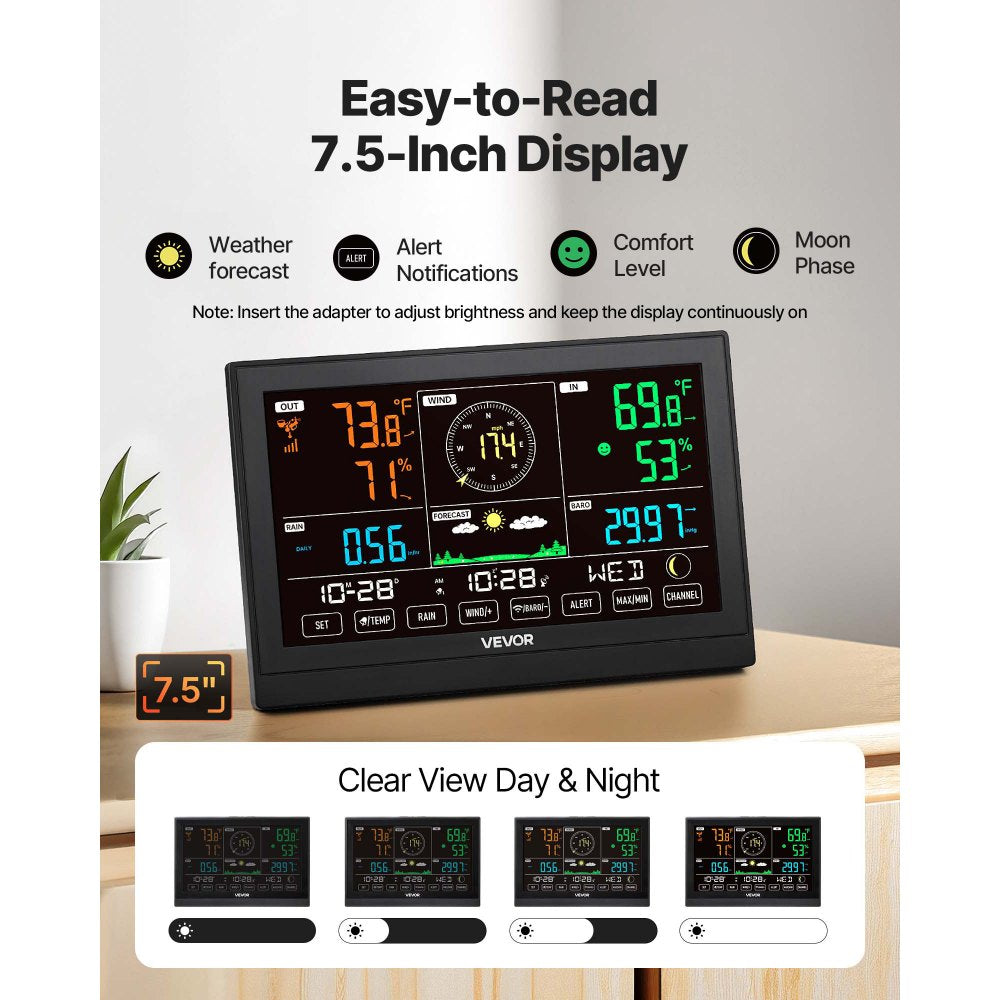 VEVOR 5-in-1 Wireless Weather Station, 7.5-Inch VA Display, Solar Powered Outdoor Sensor, Rain Gauge, Indoor Outdoor for Weather Forecast, Temperature, Humidity, Wind Speed and Direction (No WiFi)