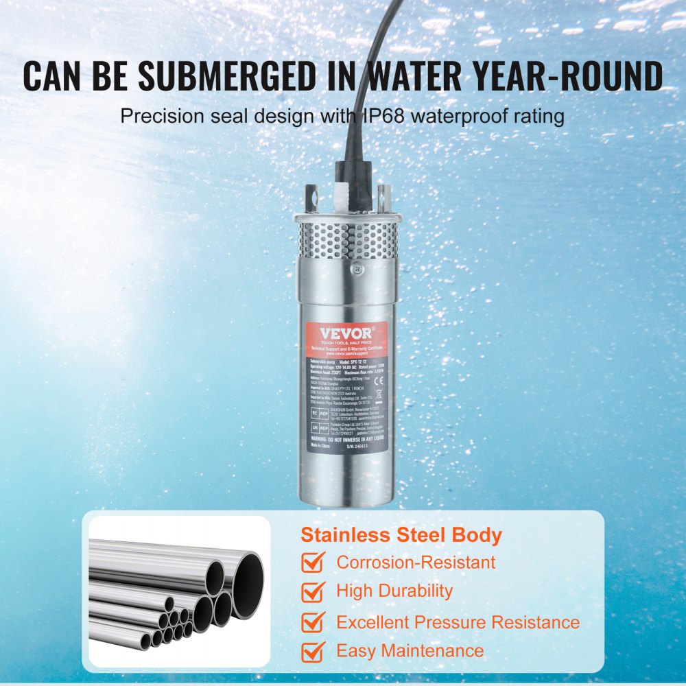 VEVOR Solar Water Pump, 12V DC 120W Submersible Deep Well Pump, Max Flow 3.2 GPM, Max Head 230 ft, Max Submersion 98.4 ft, Solar Powered Water Pump for Well
