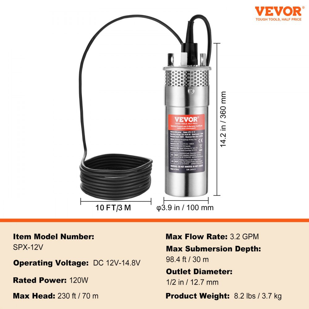 VEVOR Solar Water Pump, 12V DC 120W Submersible Deep Well Pump, Max Flow 3.2 GPM, Max Head 230 ft, Max Submersion 98.4 ft, Solar Powered Water Pump for Well