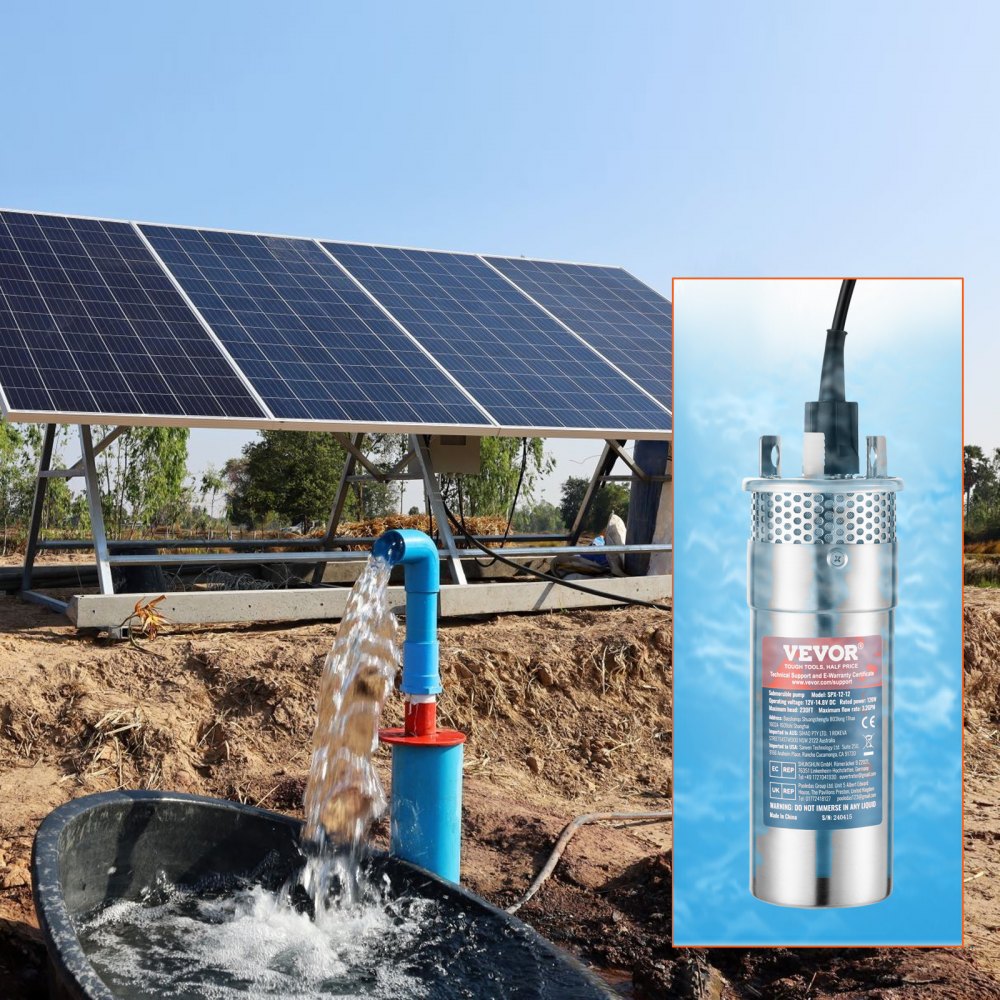 VEVOR Solar Water Pump, 12V DC 120W Submersible Deep Well Pump, Max Flow 3.2 GPM, Max Head 230 ft, Max Submersion 98.4 ft, Solar Powered Water Pump for Well