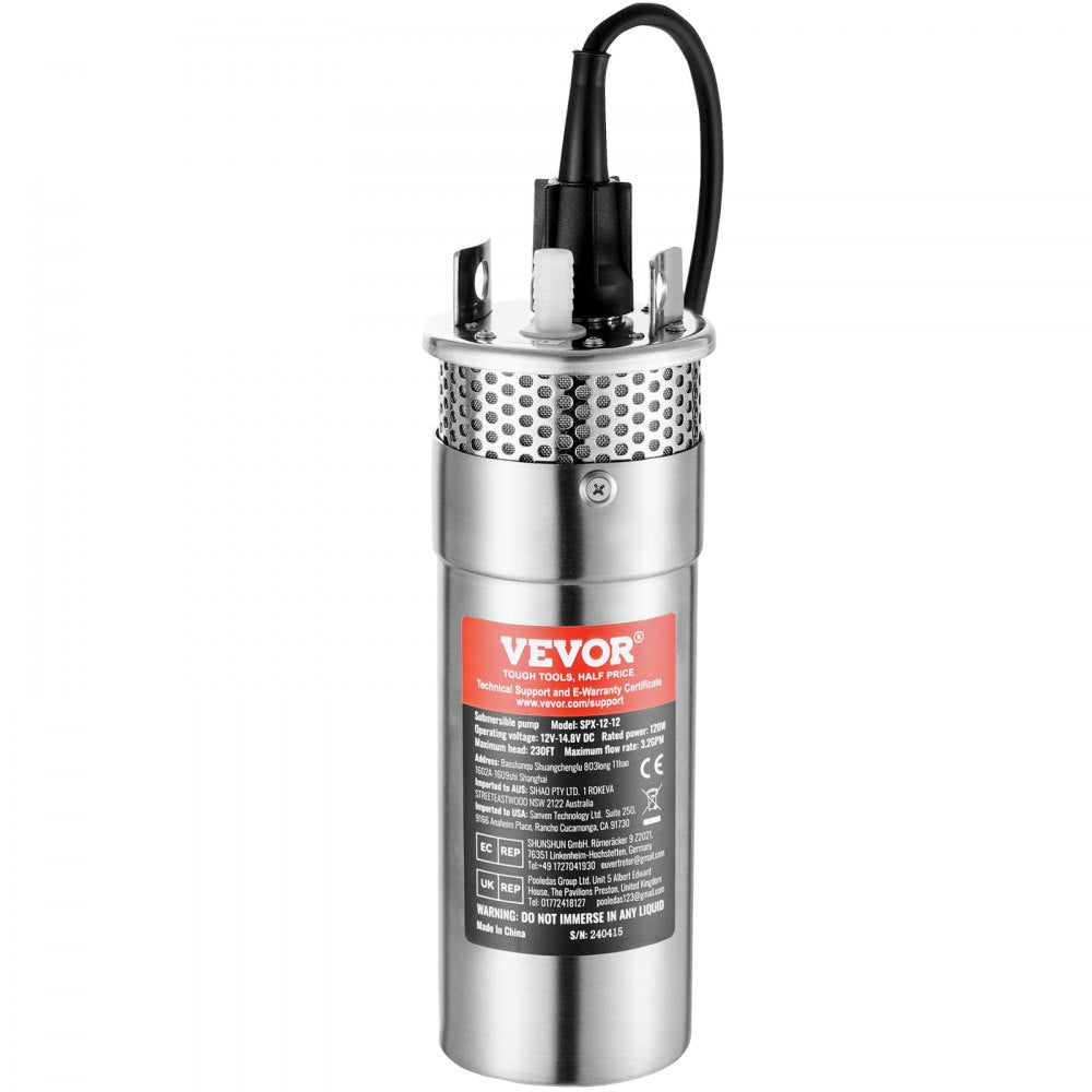 VEVOR Solar Water Pump, 12V DC 120W Submersible Deep Well Pump, Max Flow 3.2 GPM, Max Head 230 ft, Max Submersion 98.4 ft, Solar Powered Water Pump for Well