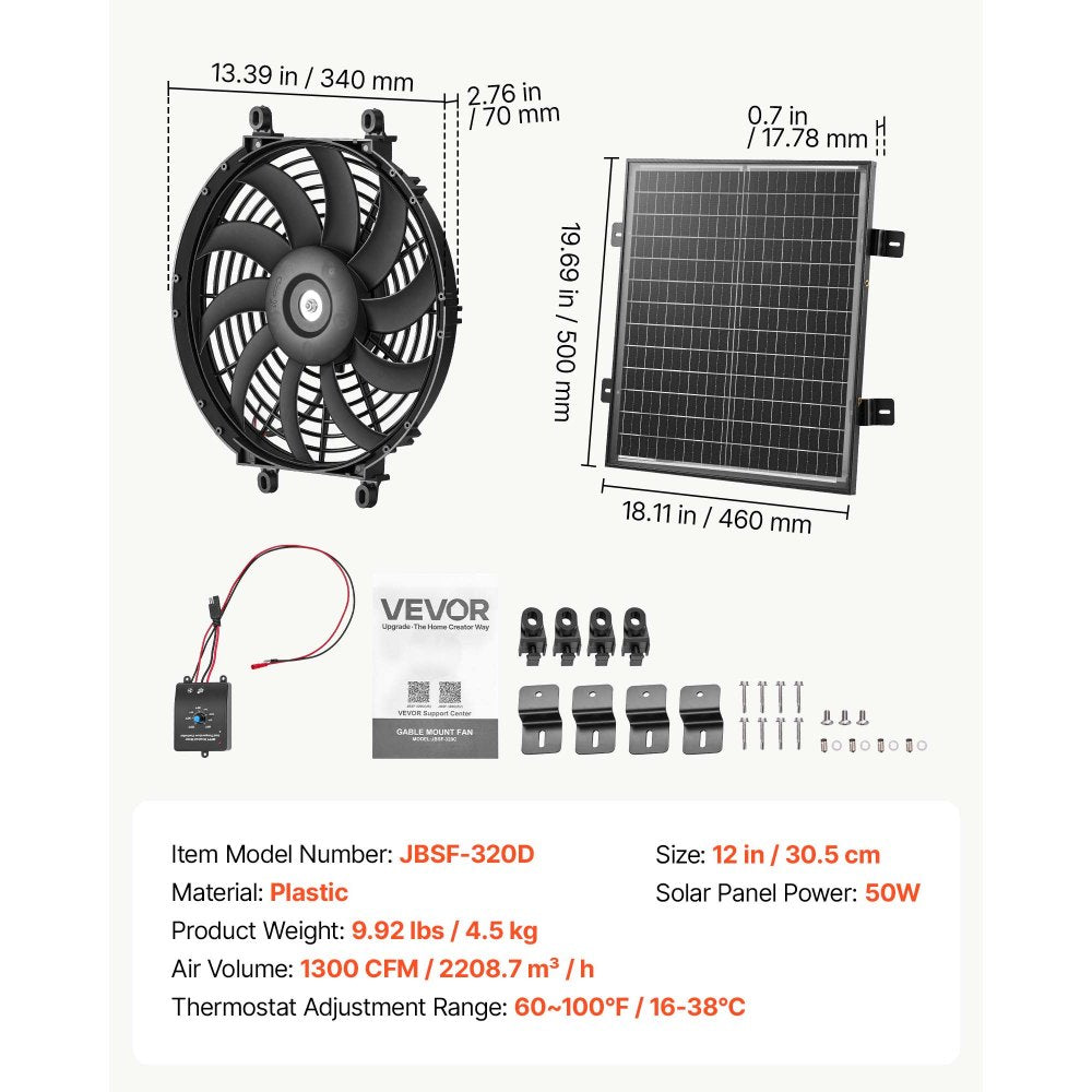VEVOR Gable Mount Fan, 12 inch Solar-Powered Attic Vent Exhaust Fan Black, 1300 CFM Cooling & Ventilation for Roof, Greenhouse, Garage, Shop, with Thermostat & Mounting Brackets, Lightweight PP
