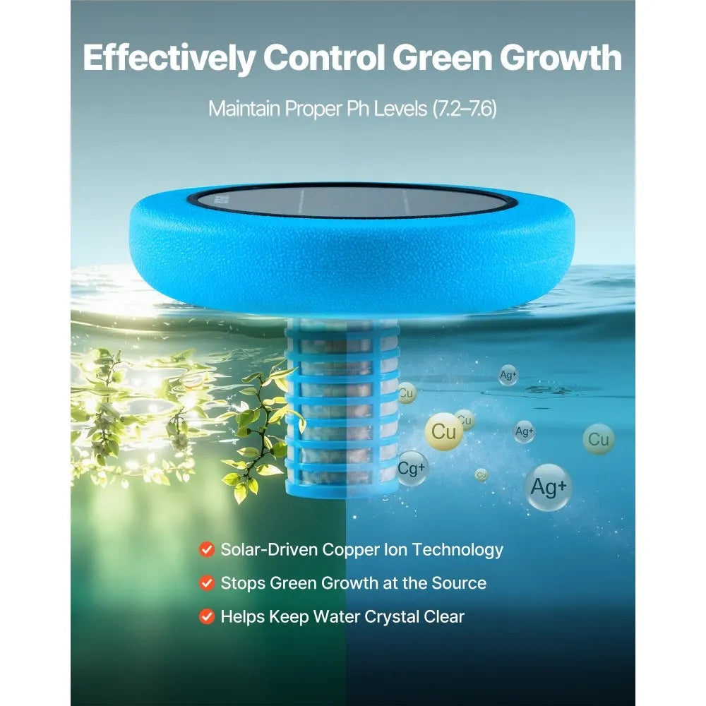 VEVOR Solar Pool Ionizer, Round Copper Pool Ionizer Up to 45000 Gal, Floating Automatic Water Cleaner and Purifier, Chlorine Free Water, with Copper Anode, Spring, Brush and Filter for Pools & Spas