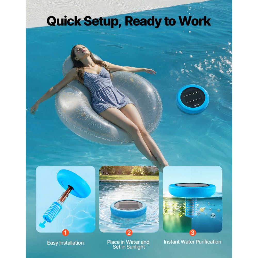 VEVOR Solar Pool Ionizer, Round Copper Pool Ionizer Up to 45000 Gal, Floating Automatic Water Cleaner and Purifier, Chlorine Free Water, with Copper Anode, Spring, Brush and Filter for Pools & Spas