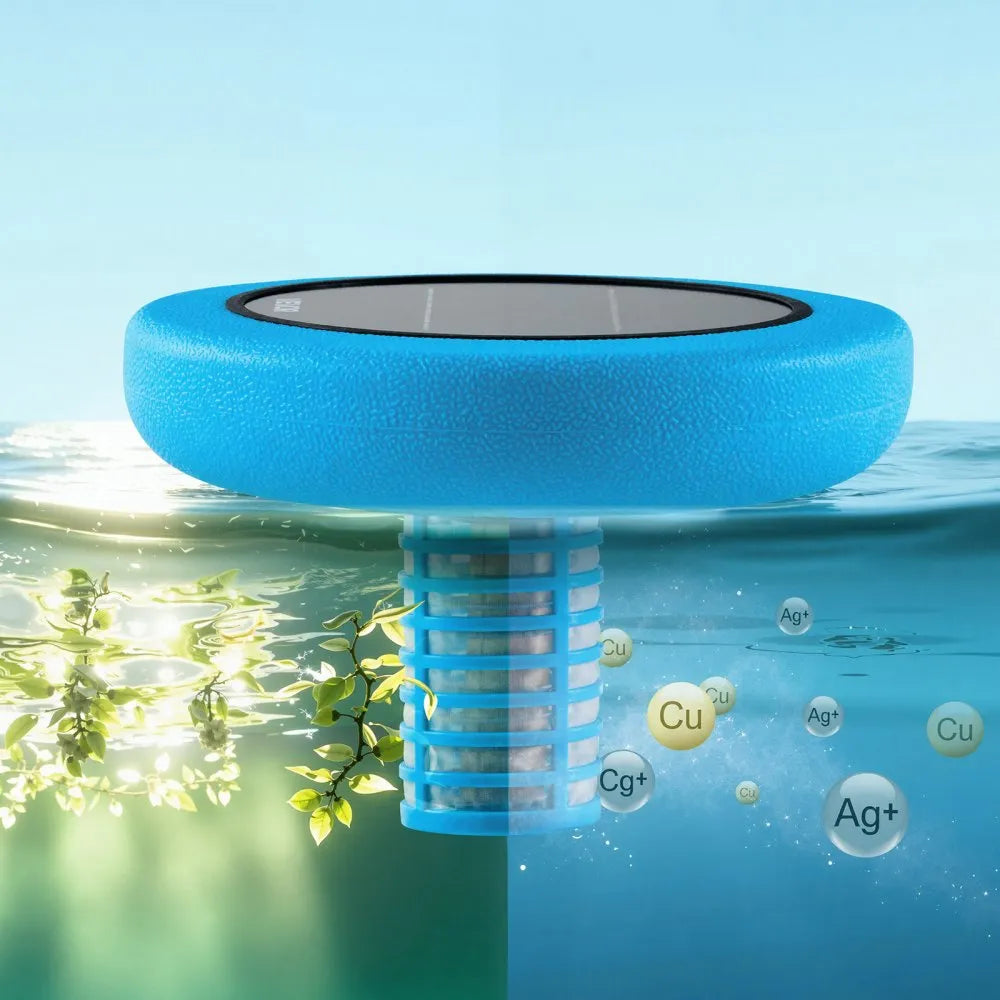 VEVOR Solar Pool Ionizer, Round Copper Pool Ionizer Up to 45000 Gal, Floating Automatic Water Cleaner and Purifier, Chlorine Free Water, with Copper Anode, Spring, Brush and Filter for Pools & Spas
