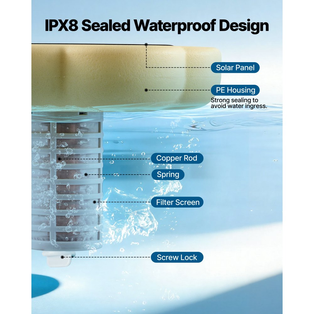 VEVOR Solar Pool Ionizer, Petal Copper Pool Ionizer Up to 45000 Gal, Floating Automatic Water Cleaner and Purifier, Chlorine Free Water, with Copper Anode, Spring, Brush and Filter for Pools & Spas