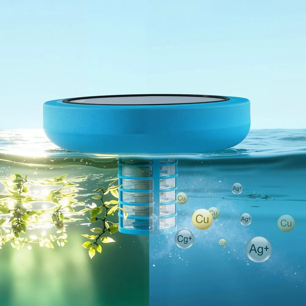 VEVOR Solar Pool Ionizer, Round Copper Pool Ionizer Up to 35000 Gal, Floating Automatic Water Cleaner and Purifier, Chlorine Free Water, with Copper Anode, Spring, Brush and Filter for Pools & Spas