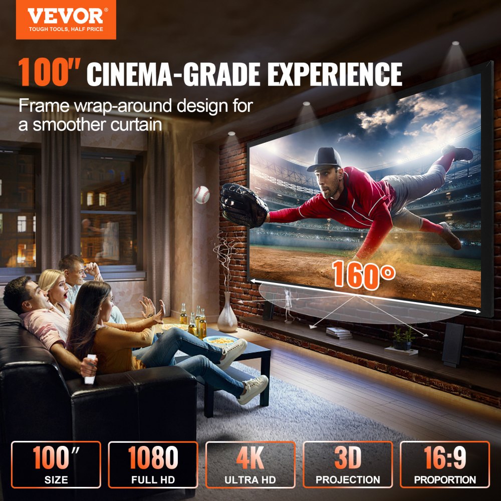 VEVOR Projector Screen Fixed Frame 100inch Diagonal 16:9 4K HD Movie Projector Screen with Aluminum Frame Projector Screen Wall Mounted for Home Theater Office Use