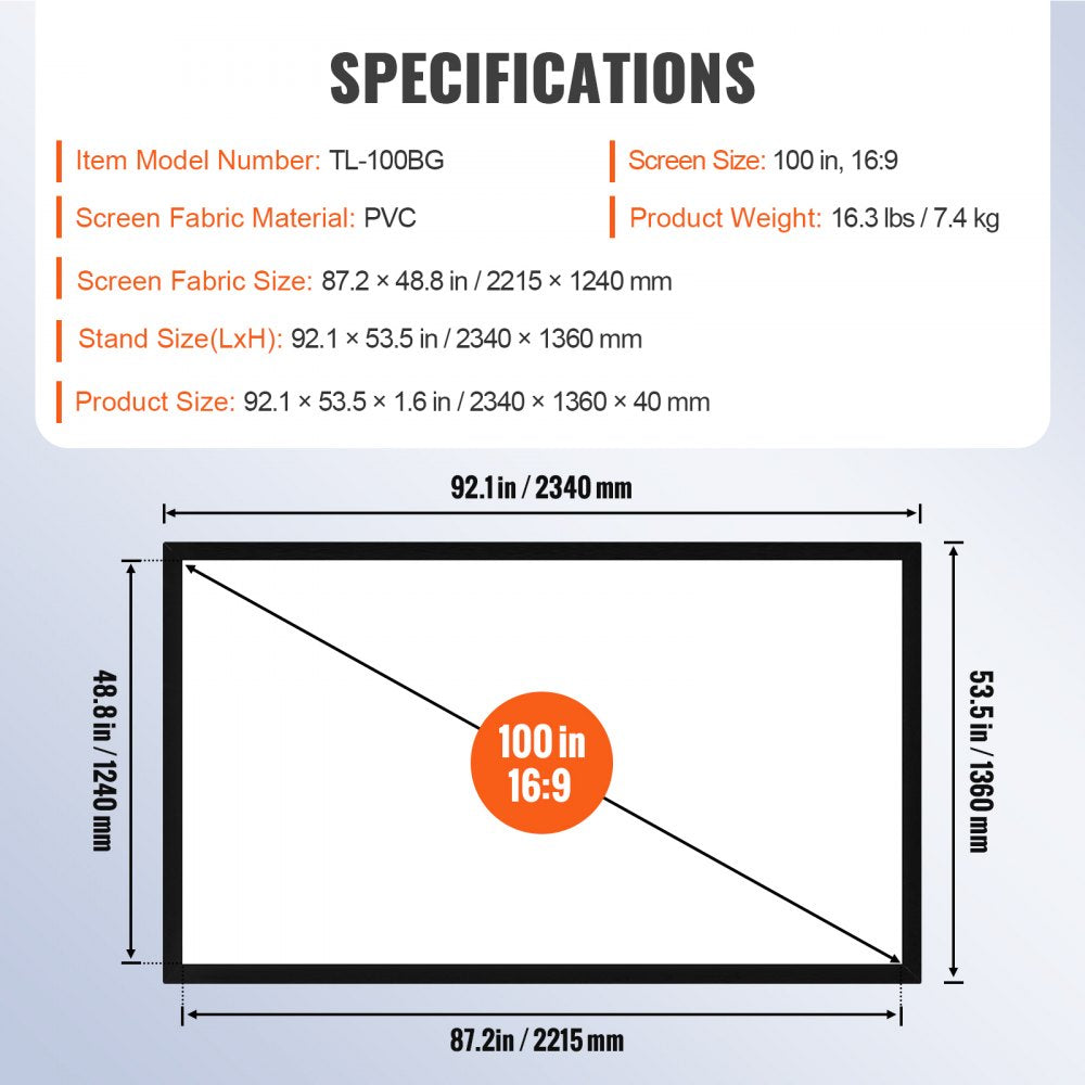 VEVOR Projector Screen Fixed Frame 100inch Diagonal 16:9 4K HD Movie Projector Screen with Aluminum Frame Projector Screen Wall Mounted for Home Theater Office Use