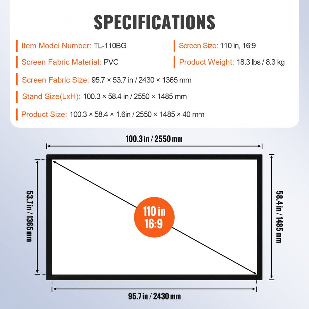 Big 110" Diagonal 16:9 HD Projector Screen Home Theater Outdoor Use