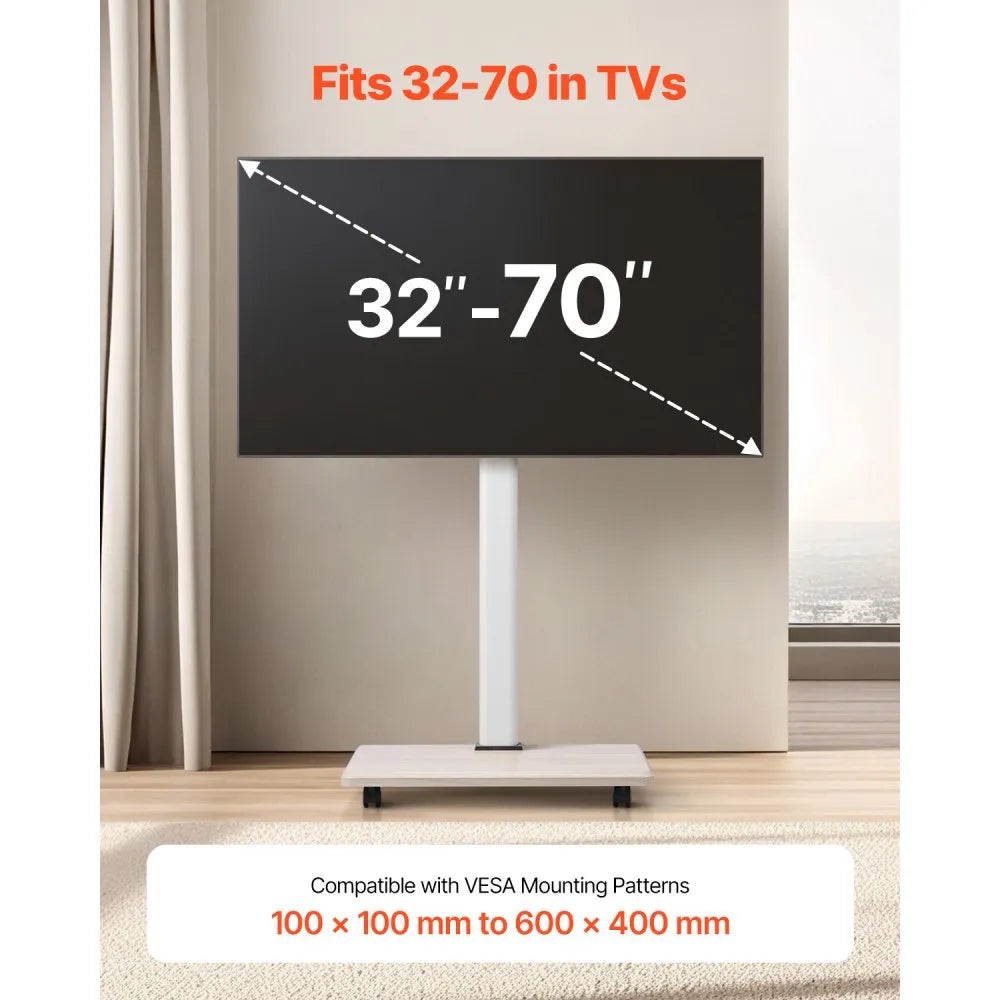 VEVOR Rolling TV Stand, Mobile TV Cart for 32-70 Inch Screens, 25° Left-Right Rotation and Height Adjustable TV Mount on Wheels, Holds up to 99 lbs for Corner, Bedroom, Outdoor, Max VESA 600x400mm