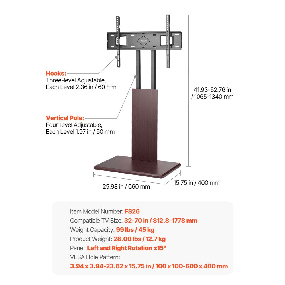 VEVOR Universal TV Stand, Table Top TV Stand for 32-70 inch Screens, Swivel and Height Adjustable TV Mount Stand Holds up to 99 lbs with Power Strip, for Living Room, Bedroom, MAX VESA 600 x 400 mm