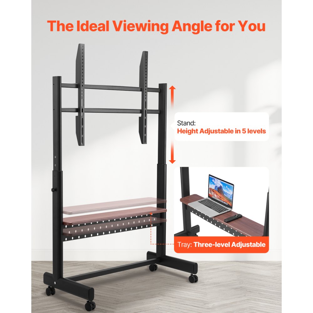 VEVOR Rolling TV Stand, Mobile TV Cart for 55-100 Inch Screens, Height Adjustable Portable Monitor Stand with Tray, Holds up to 205 lbs for Living Room, Bedroom, Office, Outdoor Max VESA 800 x 600 mm