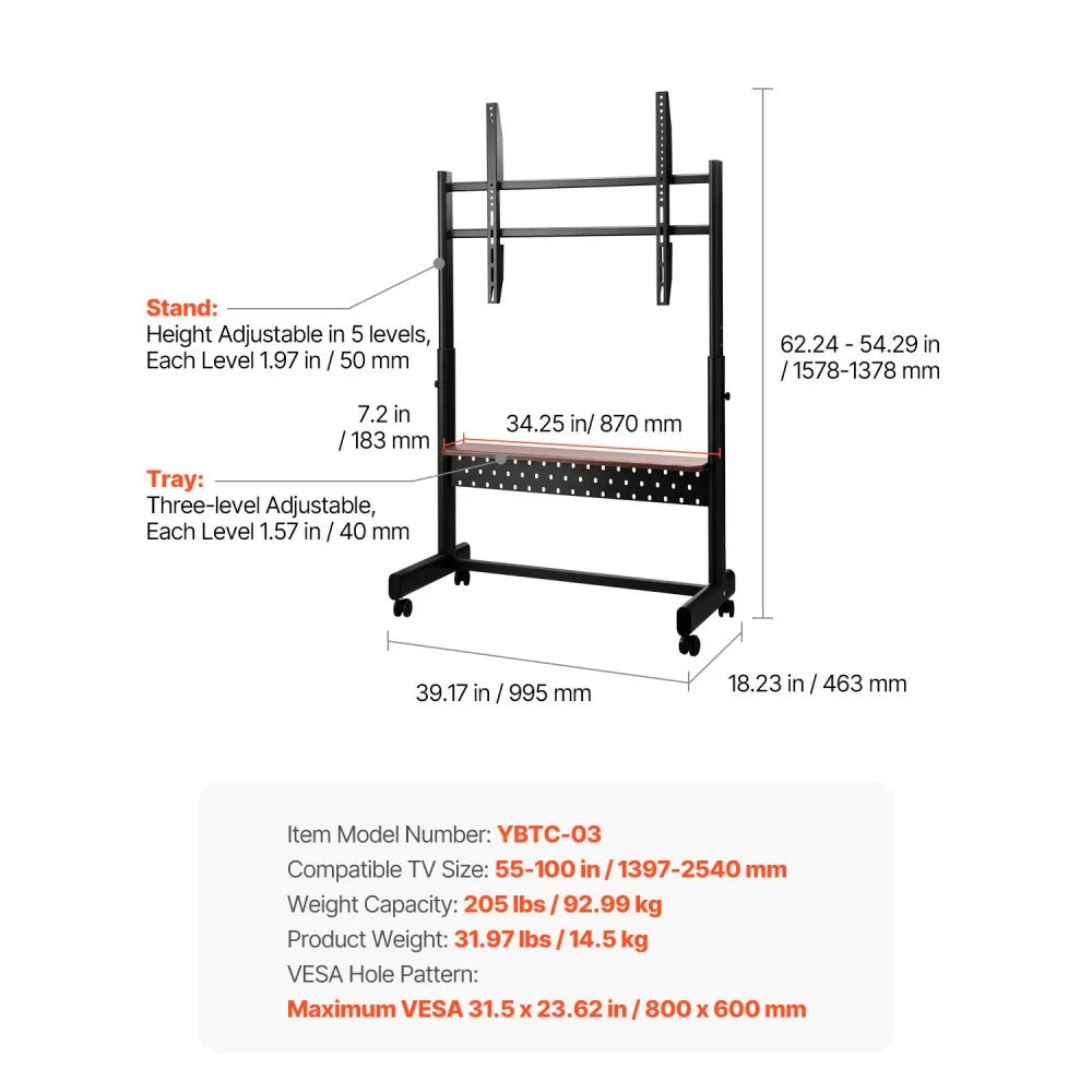 VEVOR Rolling TV Stand, Mobile TV Cart for 55-100 Inch Screens, Height Adjustable Portable Monitor Stand with Tray, Holds up to 205 lbs for Living Room, Bedroom, Office, Outdoor Max VESA 800 x 600 mm