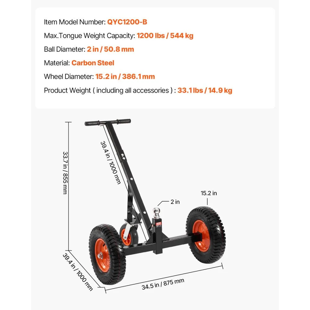VEVOR Trailer Dolly, 1200lbs Tongue Weight Capacity, Carbon Steel Trailer Mover with 2 inch Ball, 15.2 inch Pneumatic Tires, Portable Tow Dolly for Moving RV Trailer