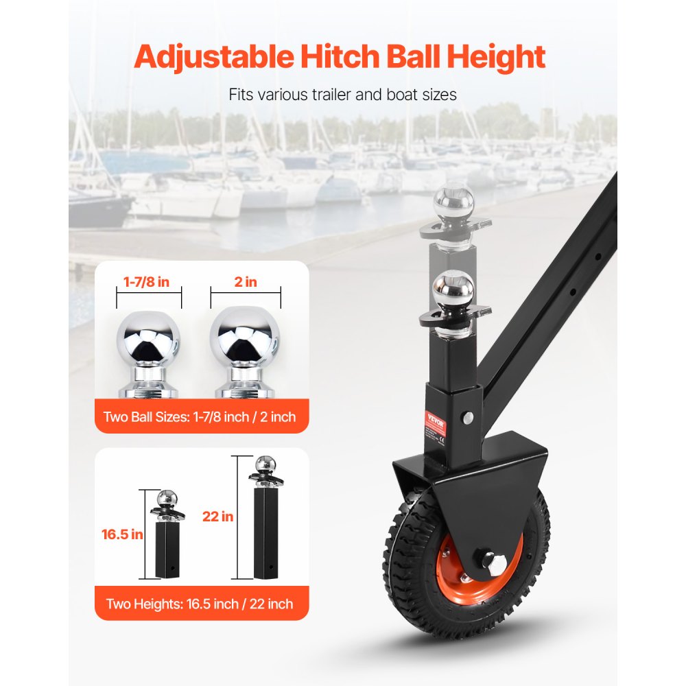 VEVOR Trailer Dolly, 300lbs Tongue Weight Capacity, 16.5 inch and 22 inch Height Adjustable Trailer Dolly, with 1-7/8 inch and 2 inch Balls, 8.5 inch Pneumatic Rubber Tire, for Moving RV Trailer