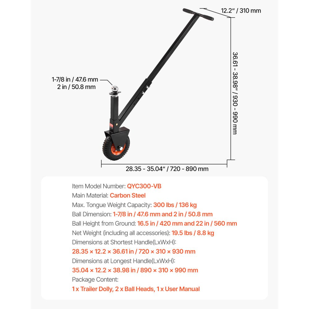 VEVOR Trailer Dolly, 300lbs Tongue Weight Capacity, 16.5 inch and 22 inch Height Adjustable Trailer Dolly, with 1-7/8 inch and 2 inch Balls, 8.5 inch Pneumatic Rubber Tire, for Moving RV Trailer