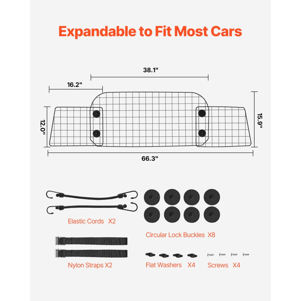 VEVOR Dog Car Barrier, 38"-66.3" Adjustable Car Divider for Trunk Cargo Area, Universal-Fit Back Seat Heavy-Duty Wire Mesh Dogs Separator Guard Net, Vehicle Pet Barrier for Sedans, Trucks and SUVs