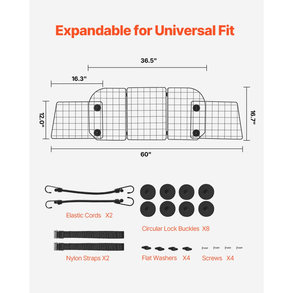 VEVOR Dog Car Barrier, 36.6"-60" Adjustable Car Divider for Trunk Cargo Area, Universal-Fit Back Seat Heavy-Duty Wire Mesh Dogs Separator Guard Net, Vehicle Pet Barrier for Sedans, Trucks and SUVs